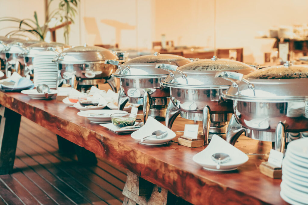 Selective focus point on Catering buffet in hotel restaurant - Vintage filter effect
